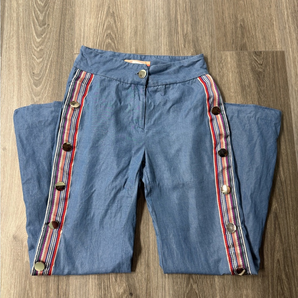 Vilagallo size 36 Blue Pants with colorful Striped Side Detail Buttons